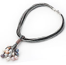 Multi Strands 11-12mm Multi Color Freshwater Pearl Leather Necklace with Magnetic Clasp and Black Gray Leather