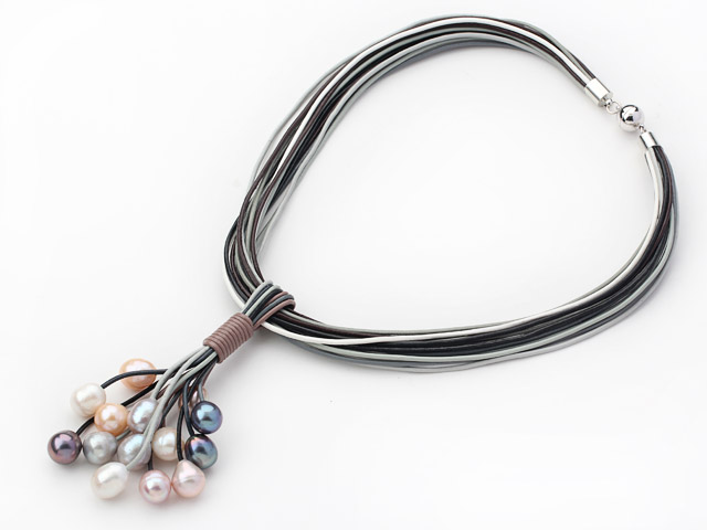 Multi Strands 11-12mm Multi Color Freshwater Pearl Leather Necklace with Magnetic Clasp and Black Gray Leather