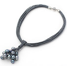 Multi Strands 11-12mm Black Freshwater Pearl Leather Necklace with Magnetic Clasp and Gray Leather