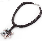 Multi Strands 11-12mm Gray and Violet Freshwater Pearl Leather Necklace with Magnetic Clasp and Black Leather