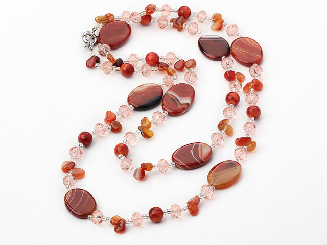 Long Style Crystal and Agate and Pink Jade Necklace