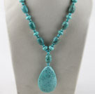 Fashion Mixed Shape Blue Turquoise Carved Pendant Beaded Necklace With Moonight Clasp