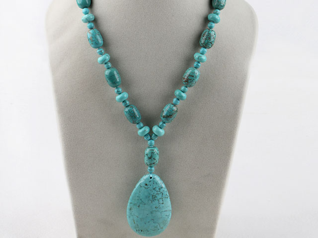 Fashion Mixed Shape Blue Turquoise Carved Pendant Beaded Necklace With Moonight Clasp