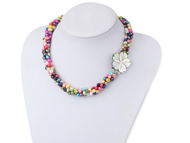 Popular 3-Strand Multi Colorful Pearl Necklace With Shell Flower Clasp