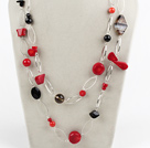 Fashion Long Style Red Coral And Black Agate Loop Charm Necklace, Sweater Necklace 