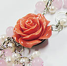 Y shape white pearl rose quartze flower necklace