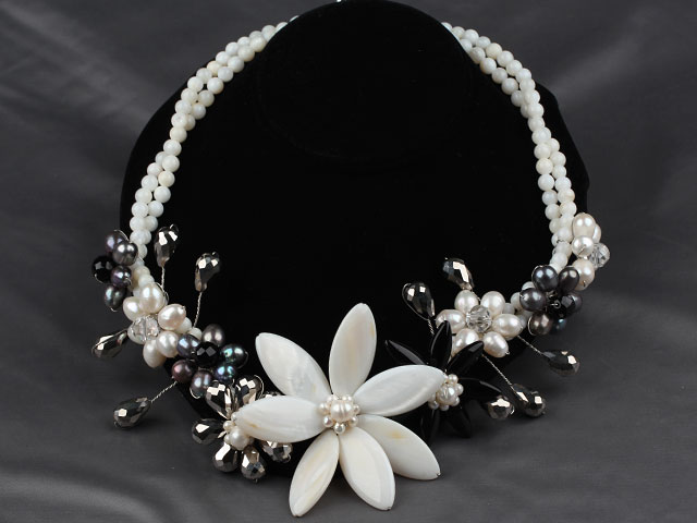 White Series White Freshwater Pearl Crystal and White Shell Flower Party Necklace