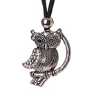 Cool Simple Style Owl Shape Pendant Necklace with Black Soft Leather and Extendable Chain