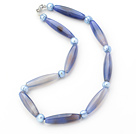 Blue Series Long Barrel Shape Agate and Light Blue Pearl Necklace