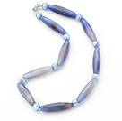 Blue Series Long Barrel Shape Agate and Light Blue Pearl Necklace
