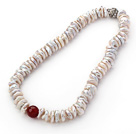 Single Strand White Coin Pearl Necklace with Carnelian Necklace with Magnetic Clasp