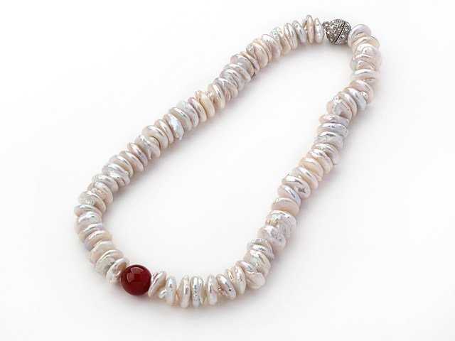 Single Strand White Coin Pearl Necklace with Carnelian Necklace with Magnetic Clasp