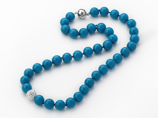 2013 Summer New Design Dark Blue Color Round 10mm Seashell Beaded Knotted Necklace with White Rhinestone Ball