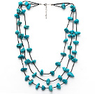 Multi Strands Turquoise Chips Leather Necklace with Black Leather and Extendable Chain