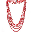 Fashion Multi Strands 8-9mm Irregular Shape Pink Coral Beaded Necklace With Multi-Row Magnetic Clasp