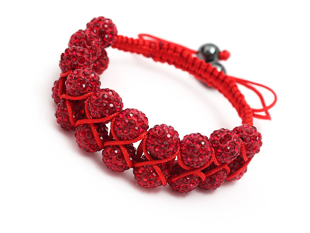 fashion layer style 10mm red rhinestone woven adjustable red drawstring bracelet
