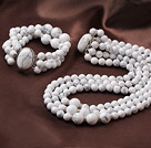 Elegant Design Three Strands Round White Turquoise Beaded Jewelry Set (Necklace with Matched Bracelet)