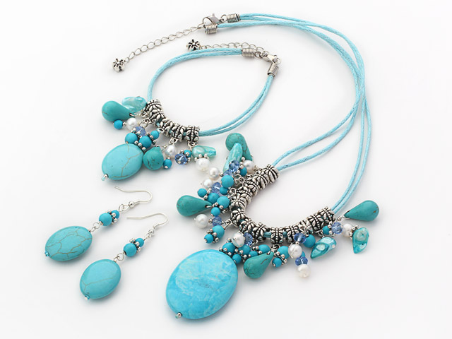 Fashion Mixed Blue Turquoise White Freshwater Pearl Blue Crystal Set (Necklace Bracelet With Matched Earrings)