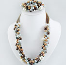 Fashion Multi Color Acrylic Pearl And Crystal Set With Brown Velvet Ribbon (Necklace With Matched Bracelet)