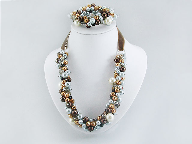 Fashion Multi Color Acrylic Pearl And Crystal Set With Brown Velvet Ribbon (Necklace With Matched Bracelet)
