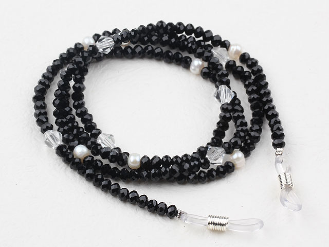 Nice Long Style White Freshwater Pearl And Black White Crystal Glasses Chain Necklace