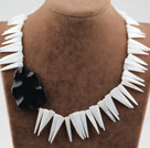 Long Teeth Shape White Shell and Woven Shape Black Agate Necklace