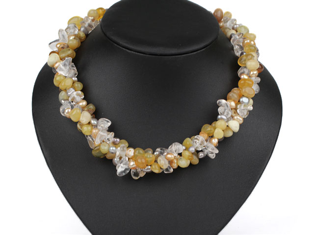 Multi Strands Yellow Series Yellow Opal and Pearl and Clear Crystal Necklace