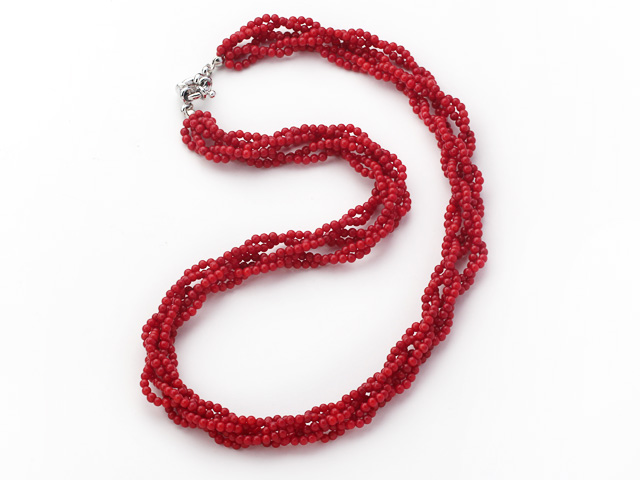 Multi Strands Red Color Round Coral Necklaces with Moonlight Clasp