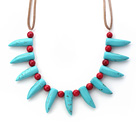Assorted Teeth Shape Turquoise and Round Red Coral Necklace with Brown Leather