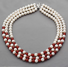 Three Strands A Grade Round White Freshwater Pearl and Carnelian Beaded Necklace
