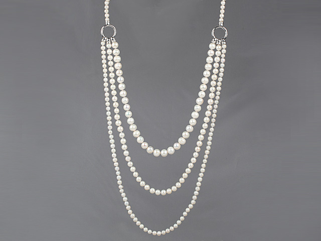 Long Style Three Layer White Freshwater Pearl Fashion Necklace