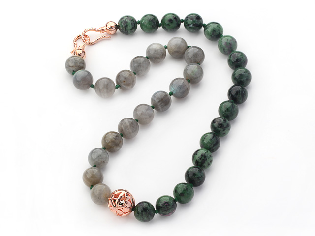 12mm Round Flash Stone and Zoisite Stone Beaded Knotted Necklace with Golden Rose Color Metal Ball
