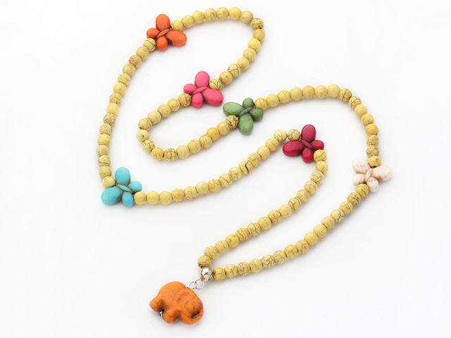 Assorted Dyed Yellow and Multi Color Howlite Necklace with Elephant Pendant ( Random Pendant Color)