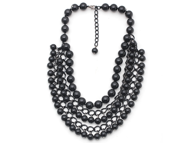 New Design Three Layer Round Black Agate Necklace with Black Metal Chain