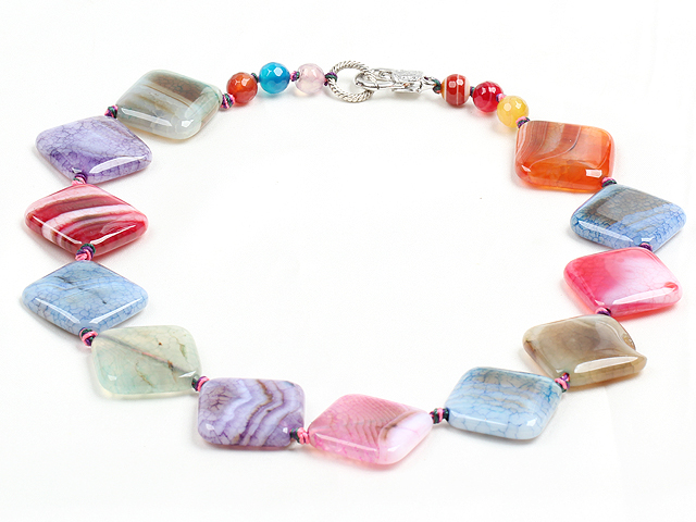 Beautiful Fashion Multi Color Big Rhombus Fire Agate Chunky Necklace
