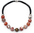 Red Series Round Fire Agate and Tiger Eye Leather Necklace with Magnetic Clasp