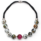 Round Fire Agate and Pink Agate Leather Necklace with Magnetic Clasp