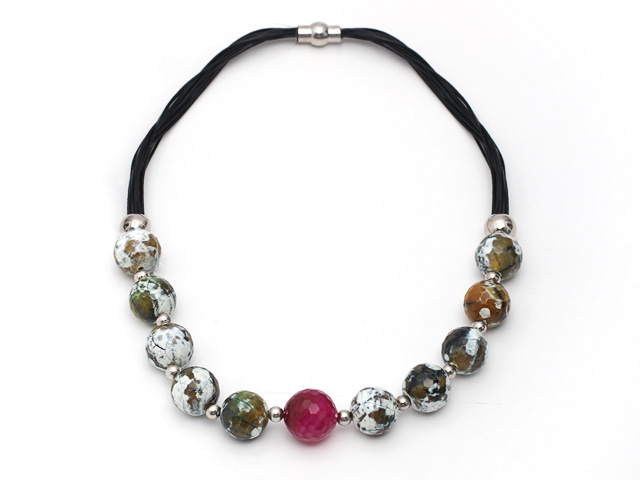 Round Fire Agate and Pink Agate Leather Necklace with Magnetic Clasp