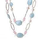 Beautiful Long Style Natural Irregular Aquamarine and White Pearl Pink Crystal Necklace