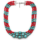 Multi Strands Round Turquoise and Red Coral Necklace with Extendable Chain