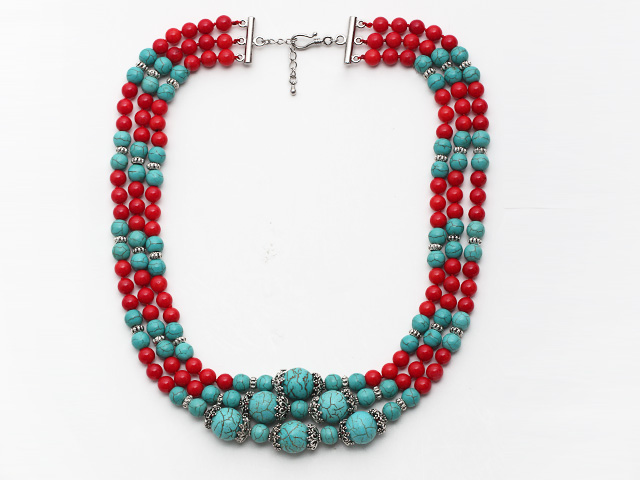 Multi Strands Round Turquoise and Red Coral Necklace with Extendable Chain