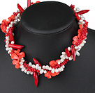 multi strand white real pearl and red coral necklace with moonlight clasp