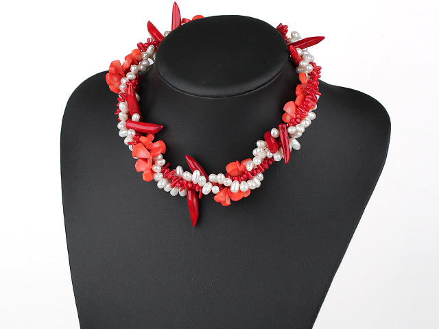 multi strand white real pearl and red coral necklace with moonlight clasp