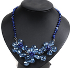 Gorgeous Party Style Natural Deep Blue Freshwater Pearl Blue Crystal Flower Bib Necklace