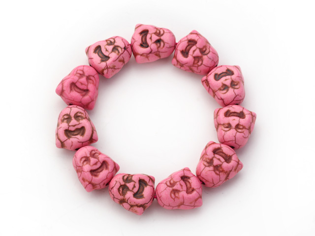 5 Pieces Dyed Pink Color Turquoise Maitreya Buddha Head Stretch Bangle Bracelets
