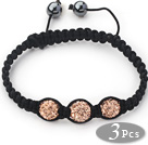 3 Pieces Round Champagne Rhinestone Ball and Hematite and Black Thread Woven Adjustable Drawstring Bracelets ( Total 3 Pieces Bracelets)