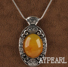vintage-like engraved alloy jewelry immitation brown oval gemstone pendant necklace