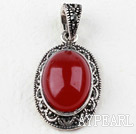 vintage-like engraved alloy jewelry red oval immitation gemstone pendant with rhinestone