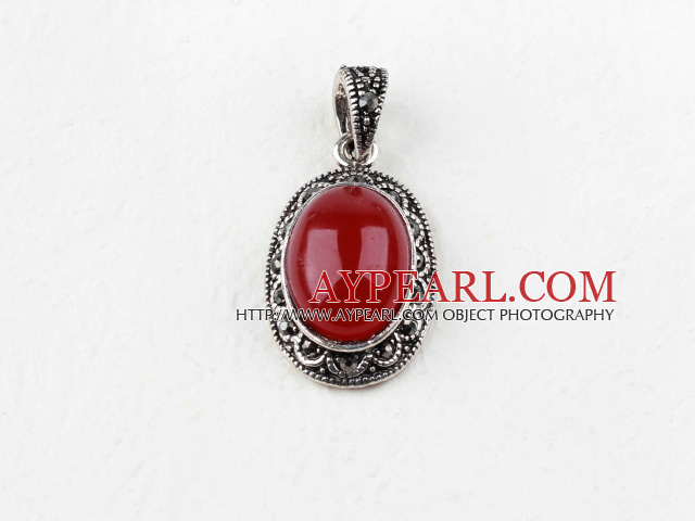 vintage-like engraved alloy jewelry red oval immitation gemstone pendant with rhinestone