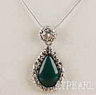 vintage-like engraved alloy jewelry dark green drop immitation gemstone pendant with rhinestone